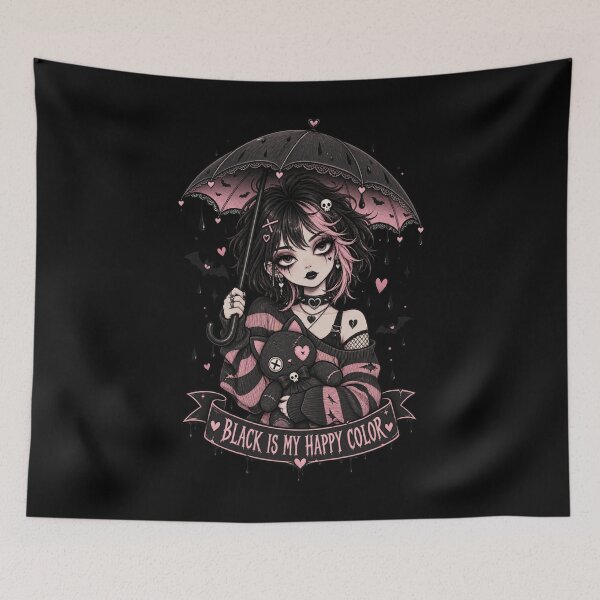 Item preview, Black Is My Happy Color Goth Emo Girl Creepy Cute Cat Tee designed and sold by MyFreakyWorld.
