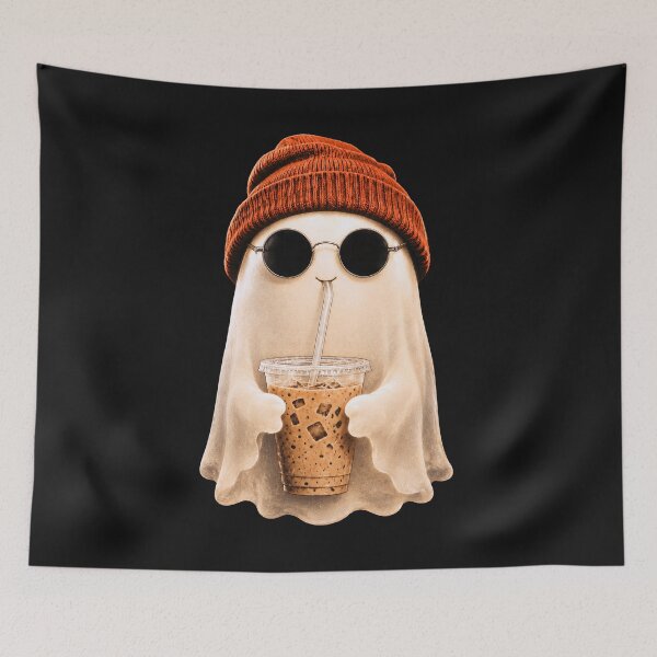 Item preview, Cute Ghost Drinking Iced Coffee Orange Beanie Halloween designed and sold by JerdbordinShop.