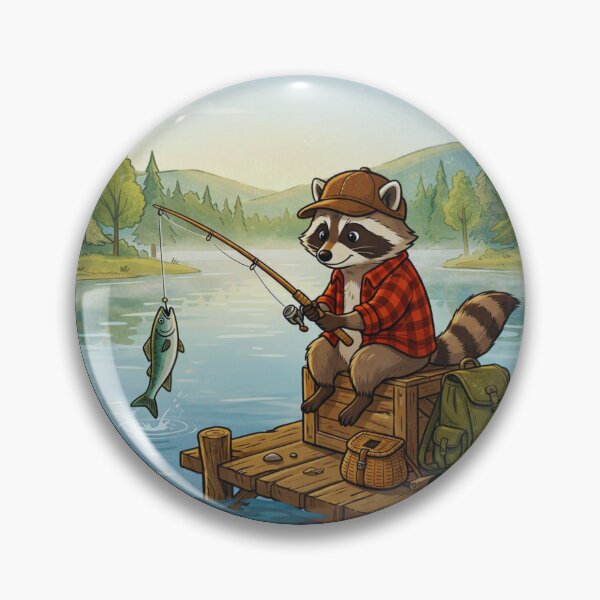 Item preview, Cute Fishing Raccoon Vintage Circle Badge Design  designed and sold by GabeMountainArt.
