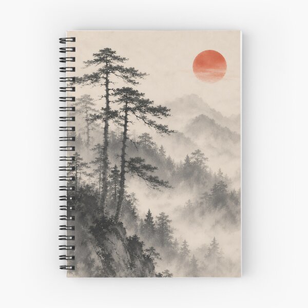 Item preview, Japanese Ink Painting Misty Pine Forest Red Sun designed and sold by Jozefin's Studio.