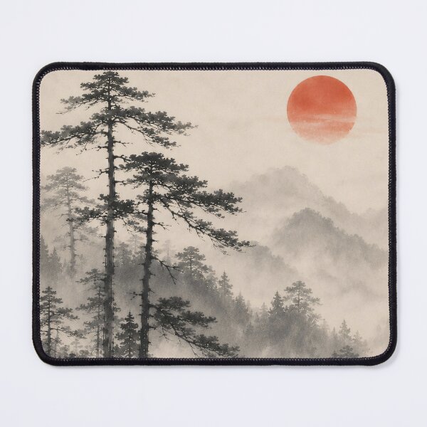 Item preview, Japanese Ink Painting Misty Pine Forest Red Sun designed and sold by Jozefin's Studio.