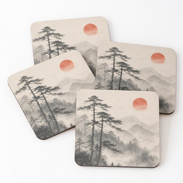 Item preview, Japanese Ink Painting Misty Pine Forest Red Sun designed and sold by Jozefin's Studio.
