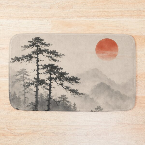 Item preview, Japanese Ink Painting Misty Pine Forest Red Sun designed and sold by Jozefin's Studio.