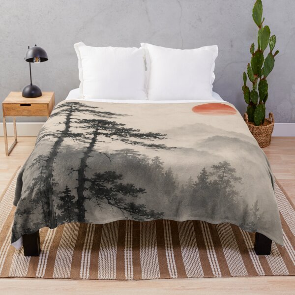 Item preview, Japanese Ink Painting Misty Pine Forest Red Sun designed and sold by Jozefin's Studio.