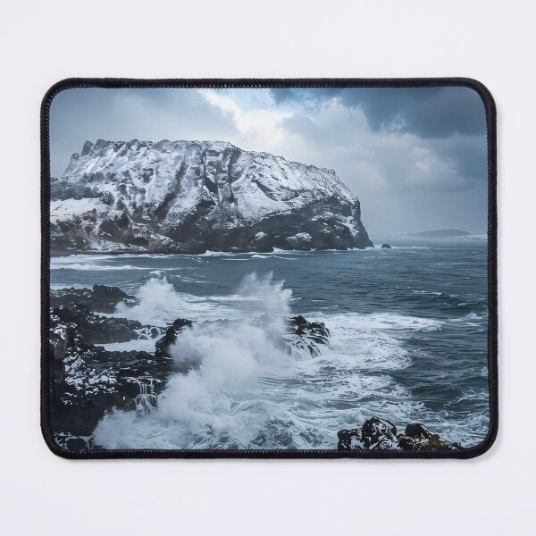 Item preview, Dramatic Snowy Seongsan Ilchulbong & Winter Waves, Jeju Island, Korea: Majestic Snow-Covered Volcanic Peak, Stormy Ocean & Coastal Epic Art Print, Poster & Home Decor designed and sold by SOOstudio73.