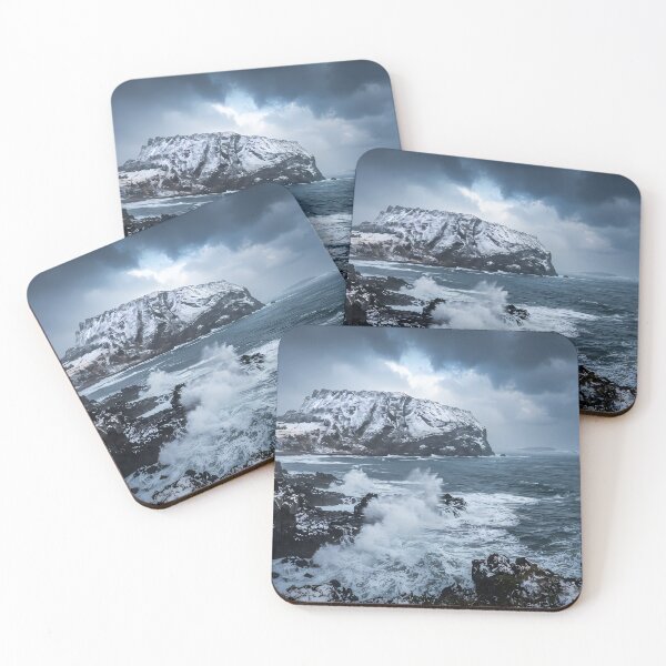 Item preview, Dramatic Snowy Seongsan Ilchulbong & Winter Waves, Jeju Island, Korea: Majestic Snow-Covered Volcanic Peak, Stormy Ocean & Coastal Epic Art Print, Poster & Home Decor designed and sold by SOOstudio73.