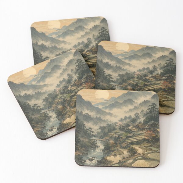 Item preview, Japanese Landscape Painting Misty Mountains Rice Terraces designed and sold by Jozefin's Studio.
