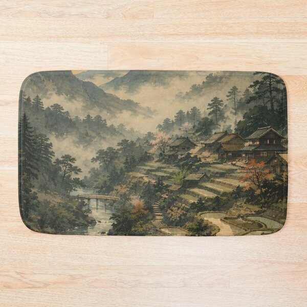 Item preview, Japanese Landscape Painting Misty Mountains Rice Terraces designed and sold by Jozefin's Studio.