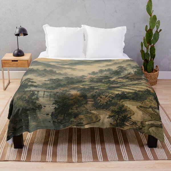 Item preview, Japanese Landscape Painting Misty Mountains Rice Terraces designed and sold by Jozefin's Studio.