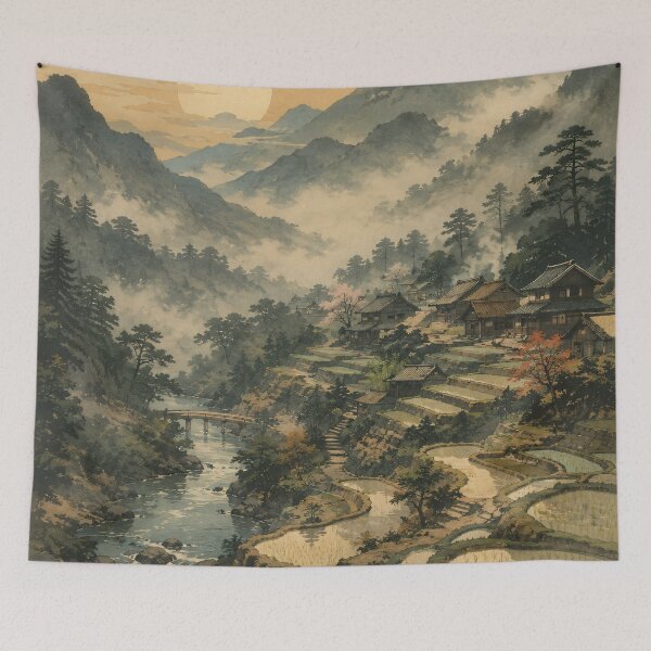 Item preview, Japanese Landscape Painting Misty Mountains Rice Terraces designed and sold by Jozefin's Studio.
