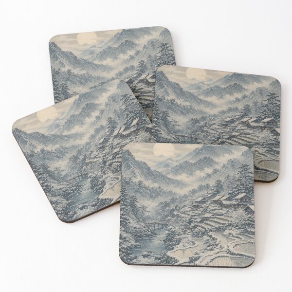 Item preview, Japanese Winter Village Woodblock Mountain Moonrise designed and sold by Jozefin's Studio.