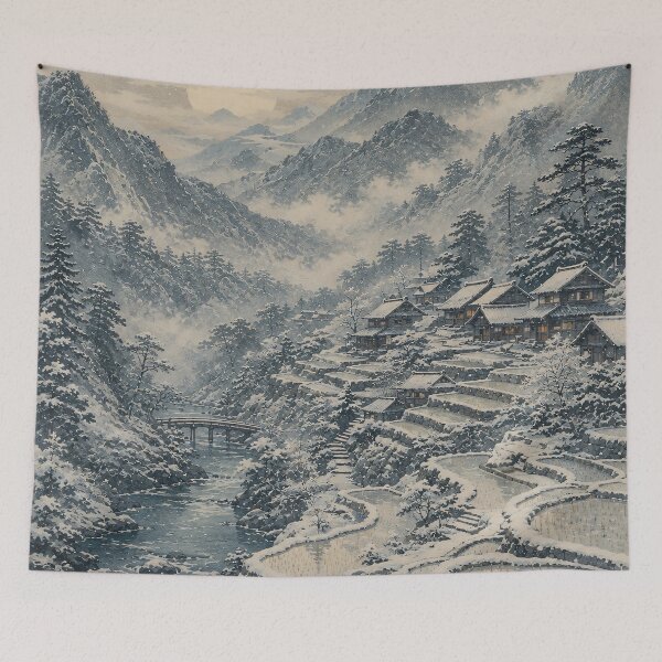 Item preview, Japanese Winter Village Woodblock Mountain Moonrise designed and sold by Jozefin's Studio.