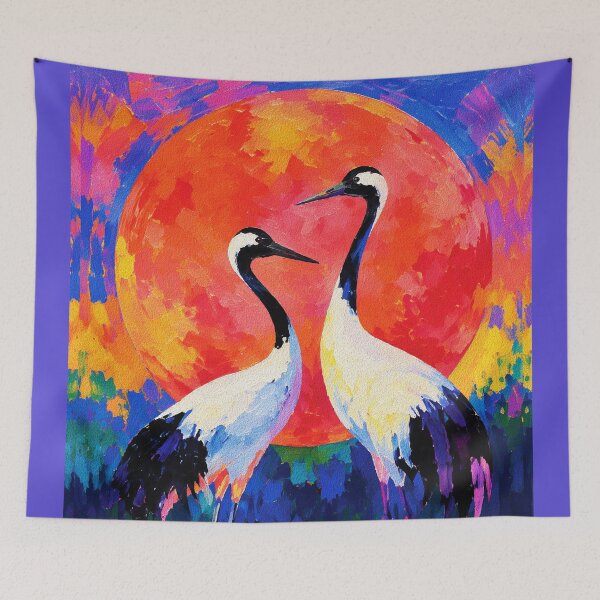 Item preview, Cranes at Sunset – Fauvist Wildlife Painting designed and sold by RamyGallery.