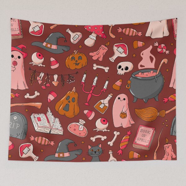 Item preview, Cozy Ghost & Potion Magic – Cute Halloween Doodle Pattern | Red designed and sold by Frohyou.