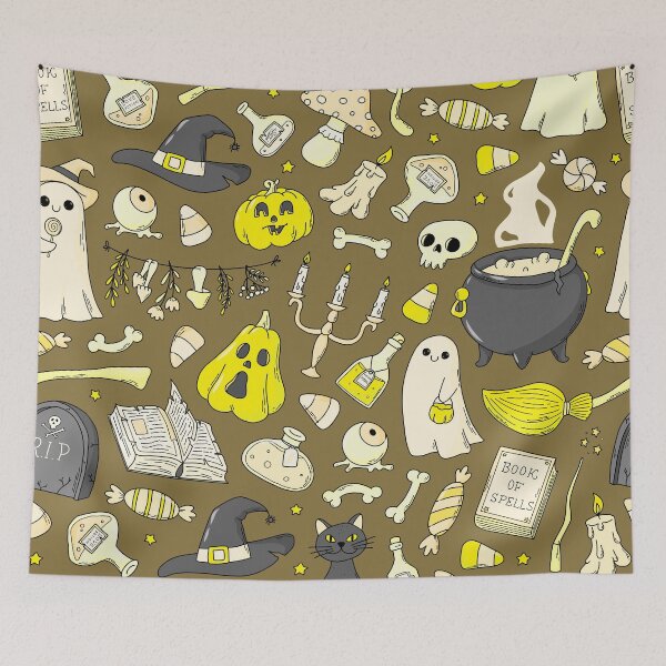 Item preview, Cozy Ghost & Potion Magic – Cute Halloween Doodle Pattern | Yellow designed and sold by Frohyou.