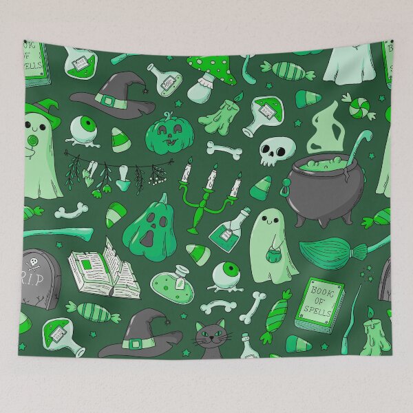 Item preview, Cozy Ghost & Potion Magic – Cute Halloween Doodle Pattern | Green designed and sold by Frohyou.