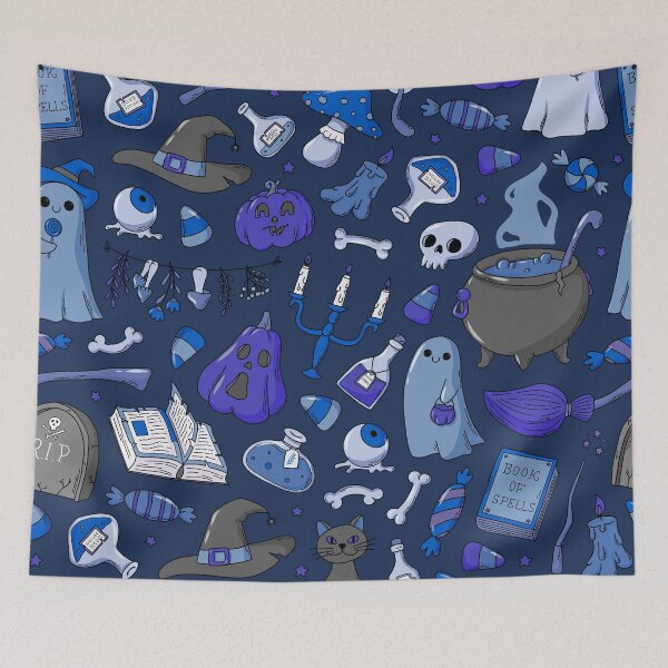 Item preview, Cozy Ghost & Potion Magic – Cute Halloween Doodle Pattern | Blue designed and sold by Frohyou.
