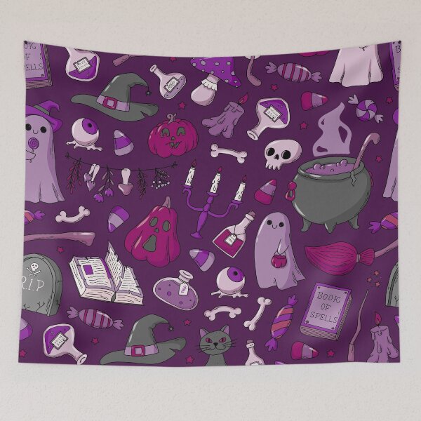 Item preview, Cozy Ghost & Potion Magic – Cute Halloween Doodle Pattern | Purple designed and sold by Frohyou.