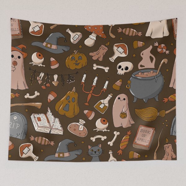 Item preview, Cozy Ghost & Potion Magic – Cute Halloween Doodle Pattern | Brown designed and sold by Frohyou.