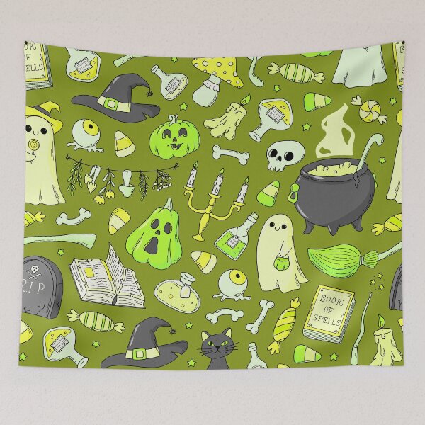 Item preview, Cozy Ghost & Potion Magic – Cute Halloween Doodle Pattern | Chartreuse designed and sold by Frohyou.