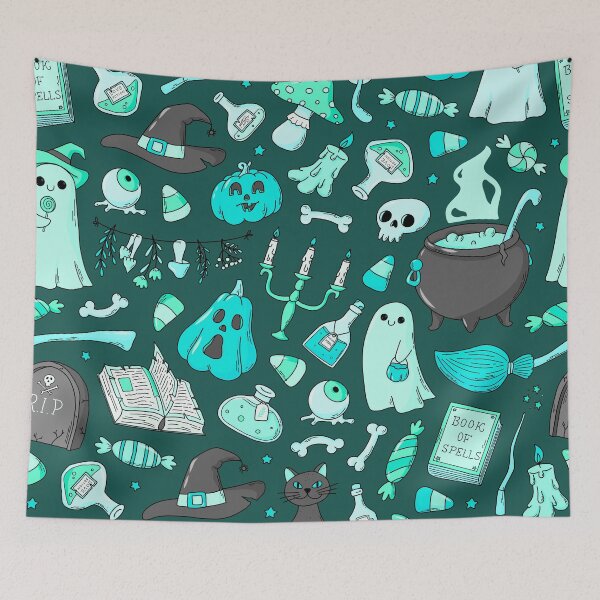 Item preview, Cozy Ghost & Potion Magic – Cute Halloween Doodle Pattern | Teal designed and sold by Frohyou.