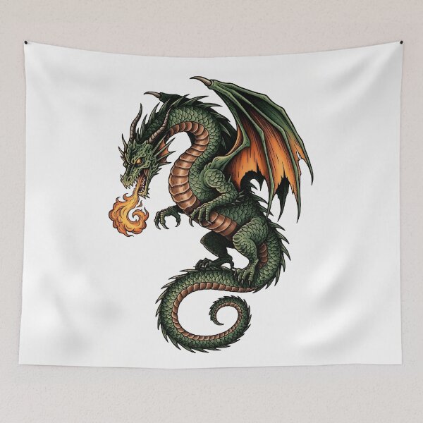 Item preview, Vintage Green Dragon with Fire – Coiled Winged Fantasy Illustration designed and sold by DragonSerpent Ink.
