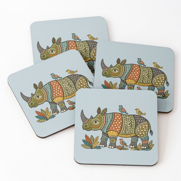 Item preview, Gond-Inspired Rhinoceros with Birds and Botanical Patterns designed and sold by  MAD's Recreation Studio.