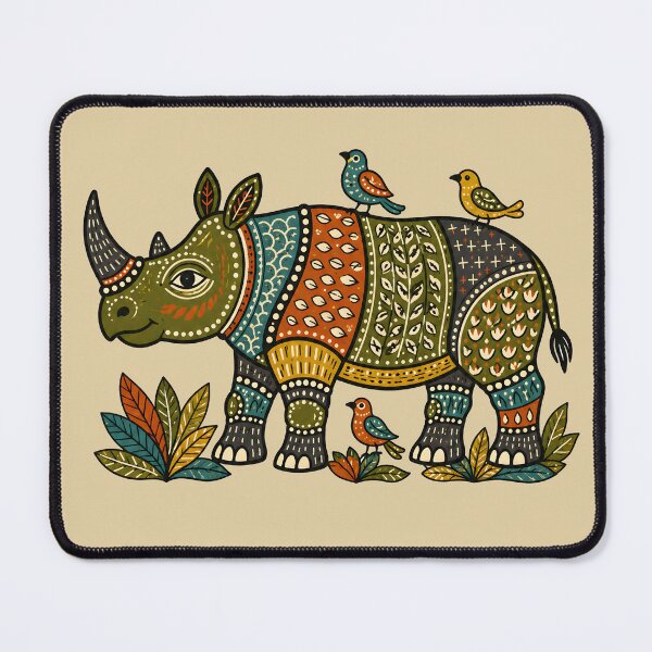Item preview, Gond-Inspired Rhinoceros with Birds and Botanical Patterns designed and sold by  MAD's Recreation Studio.