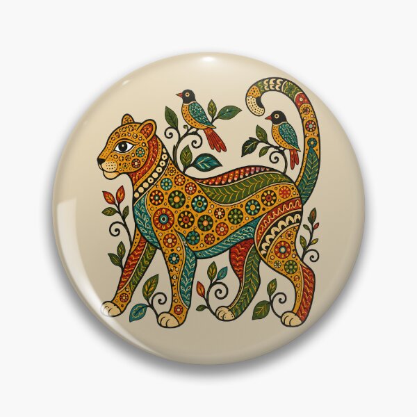 Item preview, Gond-Inspired Leopard with Jungle Leaves and Birds designed and sold by  MAD's Recreation Studio.
