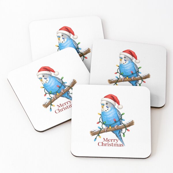Item preview, Budgie Christmas – Merry Christmas Blue Parakeet with Santa Hat & Lights designed and sold by SVALANART.