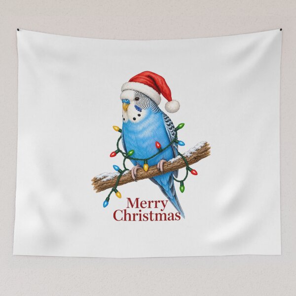 Item preview, Budgie Christmas – Merry Christmas Blue Parakeet with Santa Hat & Lights designed and sold by SVALANART.