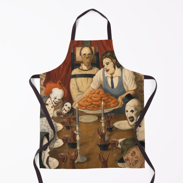 Artikelvorschau, Illustration: Parodie auf ein Abendessen mit Horrorfilm-Ikonen | Kunstdruck im düsteren Horror-Stil entworfen und verkauft von Bored Imagination .