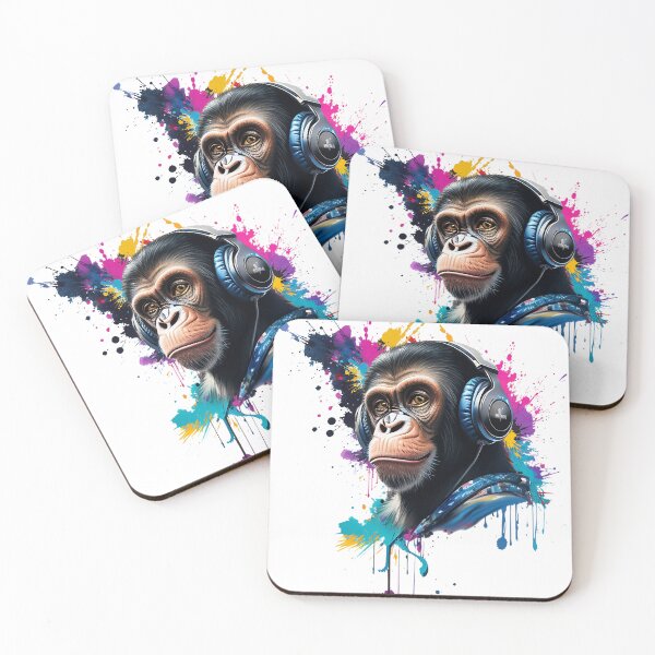 Item preview, Chimpanzee Wearing Headphones Colorful Watercolor Splatter Art designed and sold by Art JSMY.