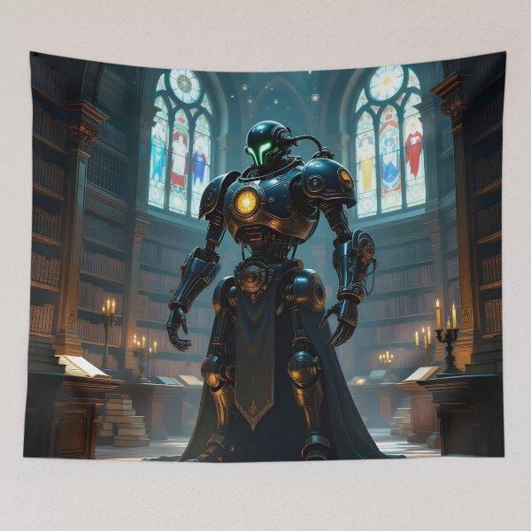 Item preview, Robot Librarian in a Gothic Library Future Art designed and sold by yosmosverse .