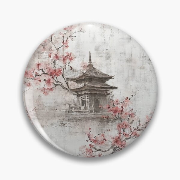 Item preview, Japanese Pagoda Pattern Sumi-e Ink Cherry Blossom designed and sold by Nine Lives Studio.
