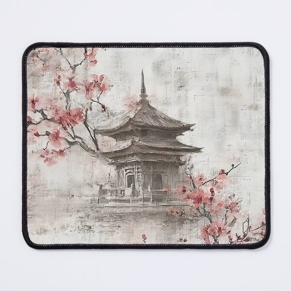 Item preview, Japanese Pagoda Pattern Sumi-e Ink Cherry Blossom designed and sold by Nine Lives Studio.