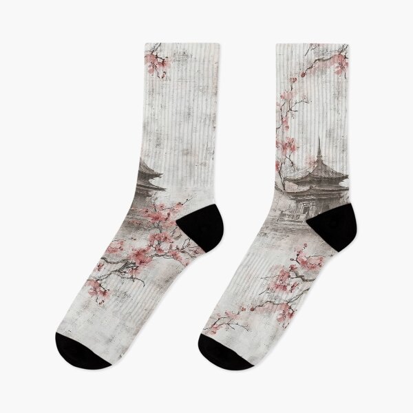 Item preview, Japanese Pagoda Pattern Sumi-e Ink Cherry Blossom designed and sold by Nine Lives Studio.