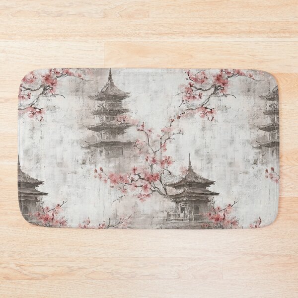 Item preview, Japanese Pagoda Pattern Sumi-e Ink Cherry Blossom designed and sold by Nine Lives Studio.