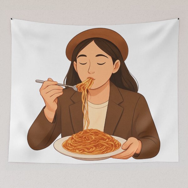 Item preview, Cozy Girl Eating Spaghetti Illustration designed and sold by Vision Crafted.