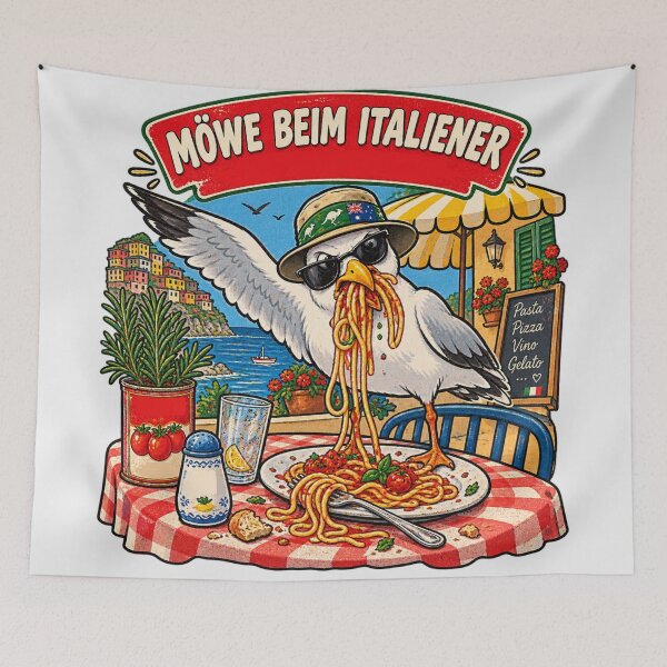 Item preview, Cheeky Aussie Seagull Stealing Spaghetti Pasta At Italian Seaside Trattoria Möwe Beim Italiener designed and sold by Yellowriversss.