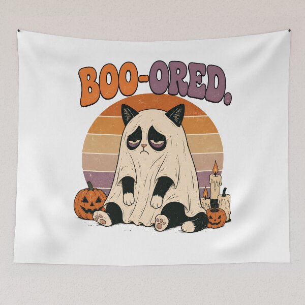 Item preview, Boo-ored Tired Ghost Cat Funny Halloween Meme designed and sold by Retro Whiskers.