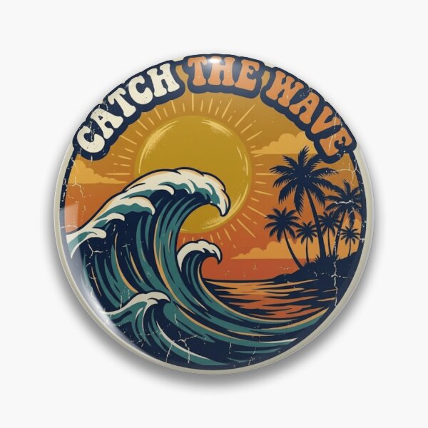 Item preview, Catch The Wave Retro Sunset Ocean Pin designed and sold by Retro Surf & Roam.
