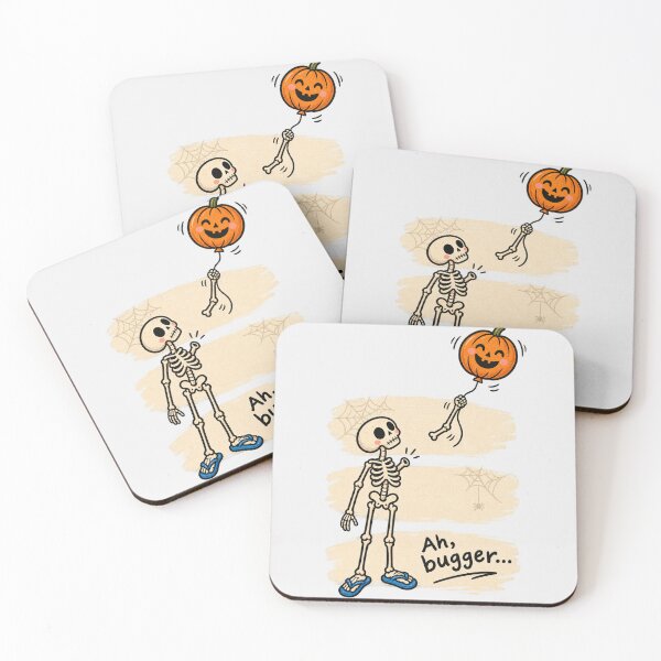 Item preview, Ah Bugger Funny Aussie Skeleton Losing Arm Holding Pumpkin Balloon In Blue Thongs designed and sold by Yellowriversss.