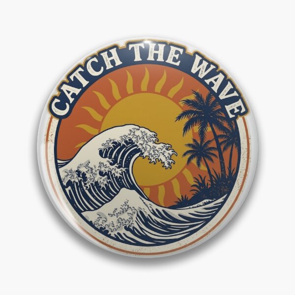 Item preview, Catch The Wave Ocean Sunset Vintage Surf Badge designed and sold by Retro Surf & Roam.
