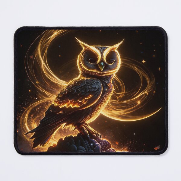 Item preview, A majestic black owl illuminated by flowing golden light designed and sold by TitiaDesign.