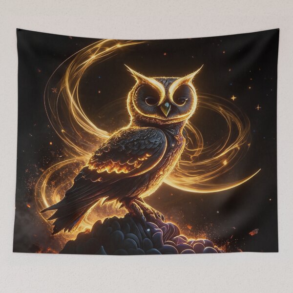 Item preview, A majestic black owl illuminated by flowing golden light designed and sold by TitiaDesign.