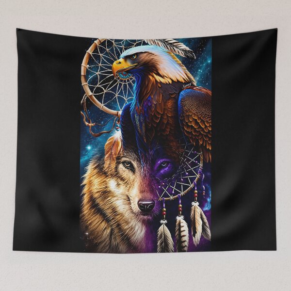 Item preview, Native American Eagle and Wolf Dreamcatcher designed and sold by NeonRealmsStudio.