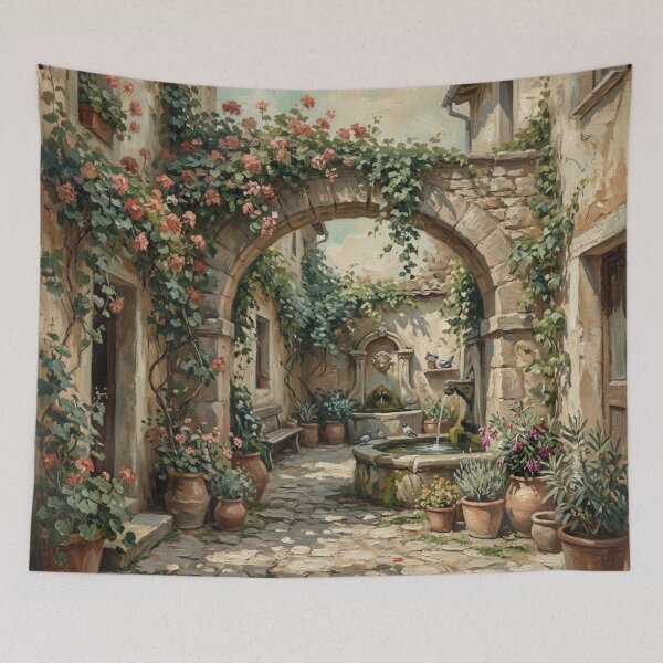 Item preview, Vintage European Courtyard with Floral Arch designed and sold by Denim Art Studio.