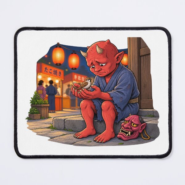 Item preview, Sad Japanese Oni Demon Feeding Sparrow in Lantern Festival Night Yokai Art designed and sold by MrDev.