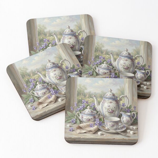 Item preview, Vintage Tea Set with Violets Still Life Oil Painting designed and sold by Denim Art Studio.